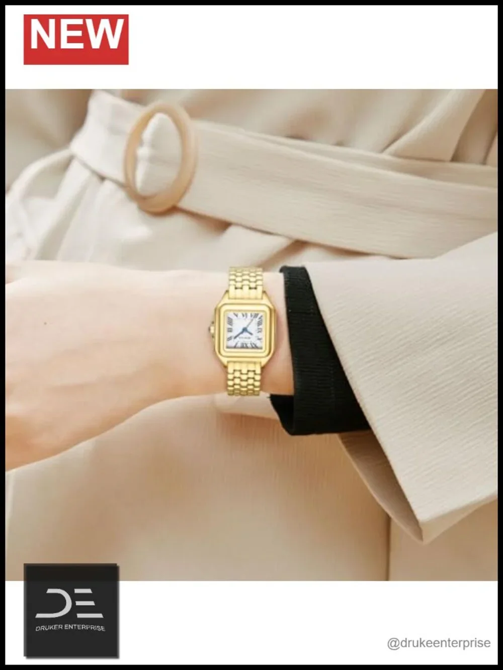 Square Gold Watches for Women Stainless Steel Band Quartz Roman Dial Water